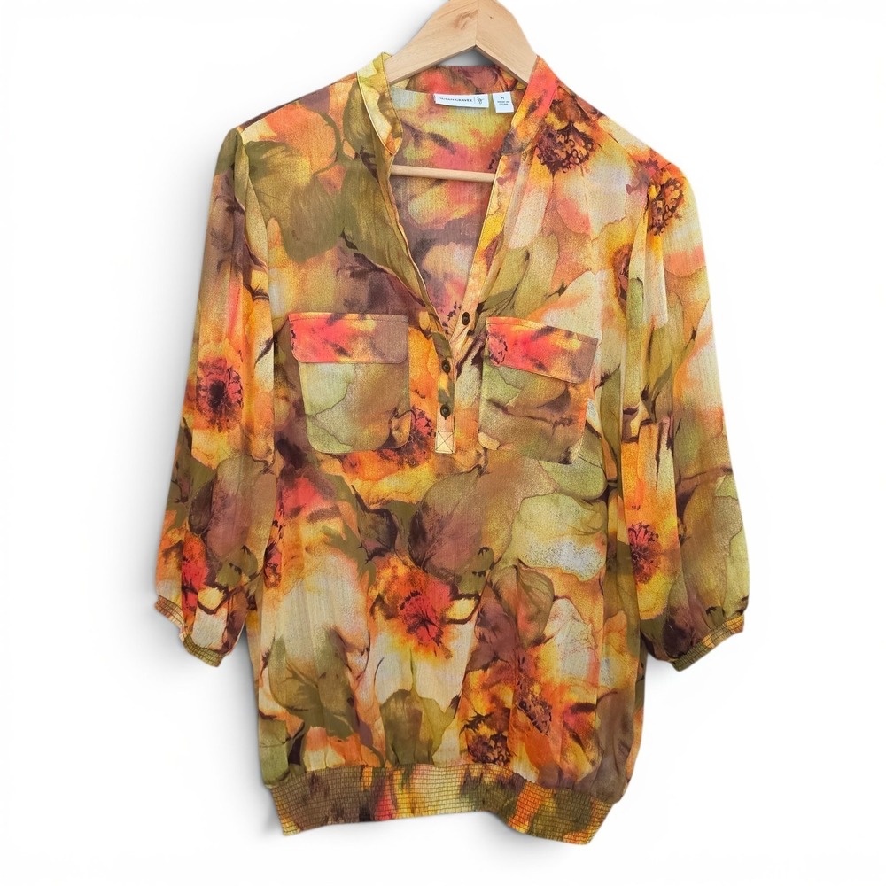 Susan Graver Top Womens Medium‎ Green Orange Sheer Popover Blouse Ladies